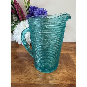 Vintage Anchor Hocking‎ Soreno Aquamarine Glass Pitcher Textured